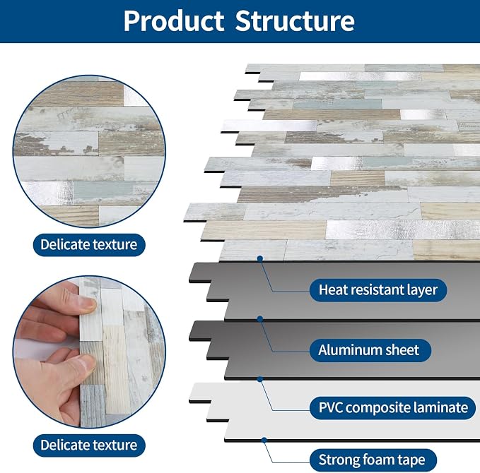 Yipscazo 10 Sheets Peel and Stick Wood Metal Tile Backsplash, Stick on Tiles for Backsplash Kitchen, Bathroom, Laundry Room, Camper, Fireplace (12'' X 12'', White Wood with Metal)