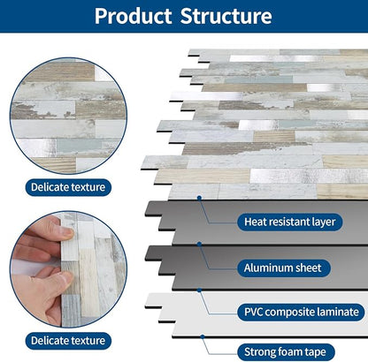 Yipscazo 10 Sheets Peel and Stick Wood Metal Tile Backsplash, Stick on Tiles for Backsplash Kitchen, Bathroom, Laundry Room, Camper, Fireplace (12'' X 12'', White Wood with Metal)