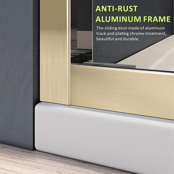 Gold Bathtub Sliding Doors,56-60 inch W x 57 inch Height Shower Doors with 1/4 inch Clear Tempered Glass,Semi-Frameless Bypass Tub Doors with Stainless Steel Hanles