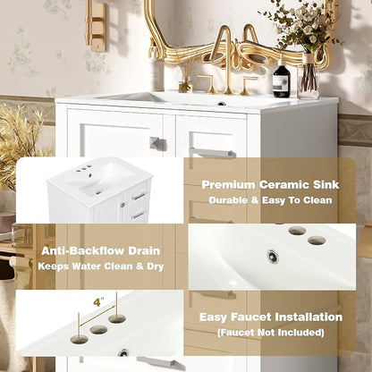 24.8" Bathroom Vanity with Ceramic Sink, Freestanding Bathroom Cabinet with Soft-Close Door, 3 Drawers & Spacious Storage, Solid Wood Frame and MDF, Modern White Vanity for Small Bathrooms
