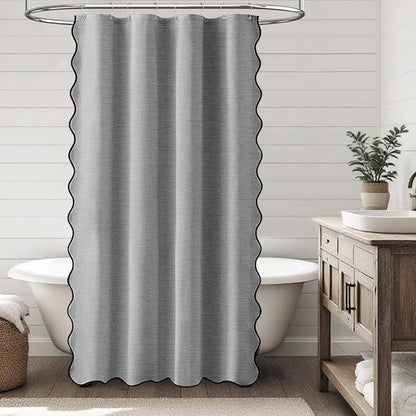 BTTN 48x72 Boho Scalloped Linen Textured Cloth Shower Curtain, Grey/Gray | Stall Size, 230GSM Waterproof Polyester, Heavy Duty Fabric, 8 Plastic Hooks, Elegant Modern Farmhouse Style, Machine Washable