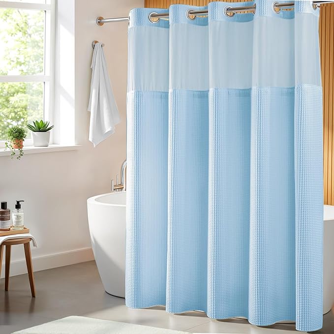 River Dream Cotton Blend Shower Curtain Set with Liner, Sky Blue, 71x74 | Waffle Weave, No Hook Needed, with Snap in Replacement Liner, Top Sheer Window, Hotel Quality Fabric for Bathroom