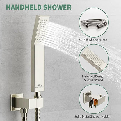 SunCleanse Rainfall Shower System Brushed Nickel Ceiling Mounted Shower System Combo Set with High Pressure 12 Inches Square Rain Shower Head Handheld and Shower Faucet Rough-in Mixer Valve and Trim