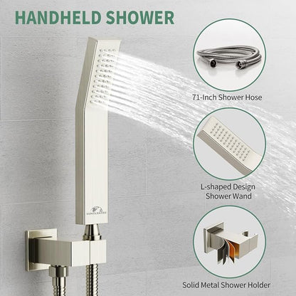 SunCleanse Rainfall Shower Faucet Set with High Pressure in Brushed Nickel | Ceiling mounted shower combo set featuring a 10" rainfall shower head, handheld spray, and rough-in shower valve.