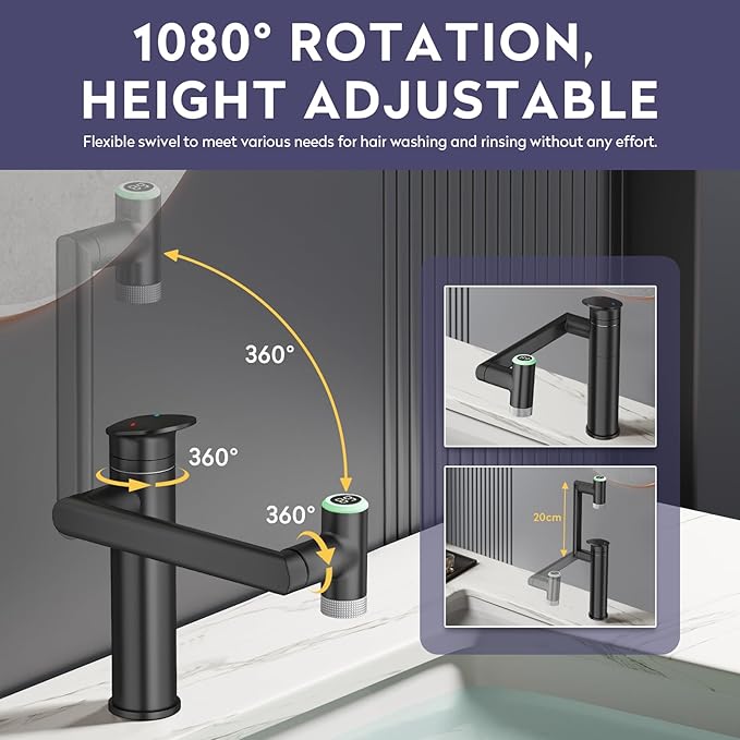 HOWUWEY 1080° Rotatable Single Hole Bathroom Vanity Faucet with Temperature Display, Height Adjustable Single Lever Bathroom Sink Faucet 1 Hole, LED Basin Faucet with Color Change (Black)