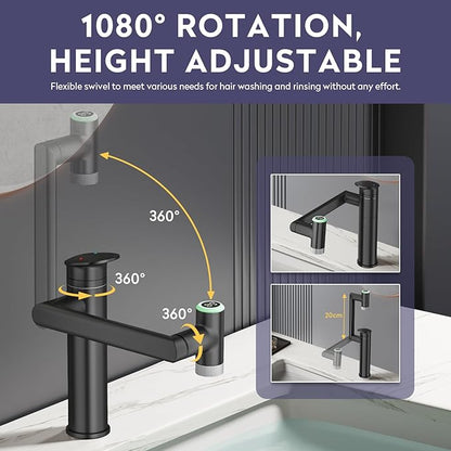 HOWUWEY 1080° Rotatable Single Hole Bathroom Vanity Faucet with Temperature Display, Height Adjustable Single Lever Bathroom Sink Faucet 1 Hole, LED Basin Faucet with Color Change (Black)