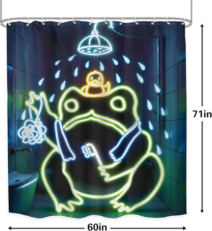 LGhtyro Funny Frog Shower Curtain Bathroom Set 60Wx71H Inches Japanese Minimalist Cool Asian Traditional Neon Aesthetic Animal Bath Accessories Cute Art Home Decor Fabric 12 Pack Hooks