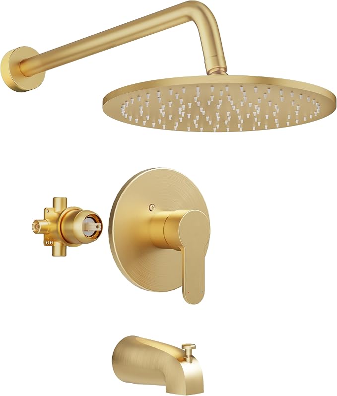 Tub Shower Faucet, Gold Shower Faucet Set with 10" Shower Head | All-Metal Bathroom Rainfall Showerhead and Bathtub Spout, Single-Handle Wall Mounted Tub Shower-Trim Kit Included Valve