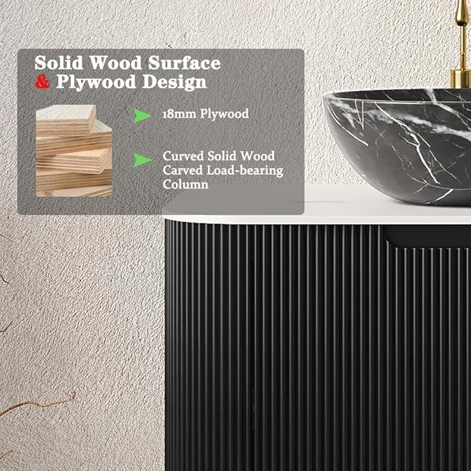 24'' Bathroom Vanities Cabinet with Sink Combo, Wall Mounted Floating Cabinet W/Curved Edges Stripes, Oak Plywood, Soft-Close System with a Drawer, Black Bowl Ceramic Basin - Kiel, Black/R