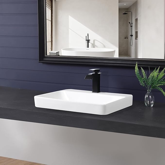 Vessel Sink 23"x18" Semi Recessed Bathroom Sink Drop-in White Bathroom Sink Porcelain Ceramic Modern Rectangular Sinks Drop-in Vanity Sinks with Overflow for Bathrooms
