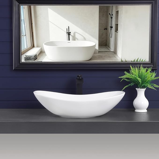Vessel Sink 27.6"x14.8" Oval Bathroom Sink White Above Counter | Modern Porcelain Ceramic Drop-in Vanity Sink for Bathrooms Art Basin