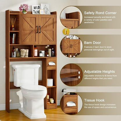 Vabches Over The Toilet Storage Cabinet with 2 Barn Doors, Caramel | Farmhouse Storage Cabinet with Toilet Paper Holder Stand，Home Space-Saving Toilet Rack, for Bathroom, Restroom, Laundry