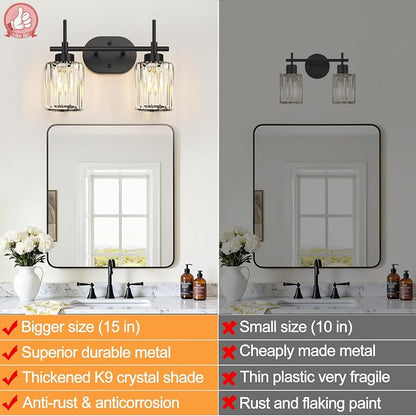 2-Light Matte Black Crystal Bathroom Vanity Light, Modern Bathroom Lighting Fixture Over Mirror, K9 Crystal Bathroom Wall Light with Round Shades, E26 Base(Bulbs Not Included)