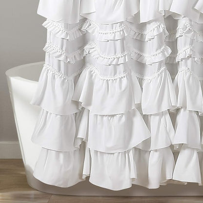 Lush Decor Kemmy Ruffled Shower Curtain, Single, 72" W x 72" L, White - Bathroom Curtain - Fabric Shower Curtains for Bathroom - Coquette Decor