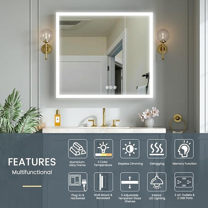 36x32 Inch Lighted Medicine Cabinet with Mirror, AL Alloy, Plug-in or Hardwired, Recessed or Wall Mount, Mirror Doors/3 Colors/Dimmable/Interior Sensor Light/Defog, 2 Outlets&USBs,3 Shelves