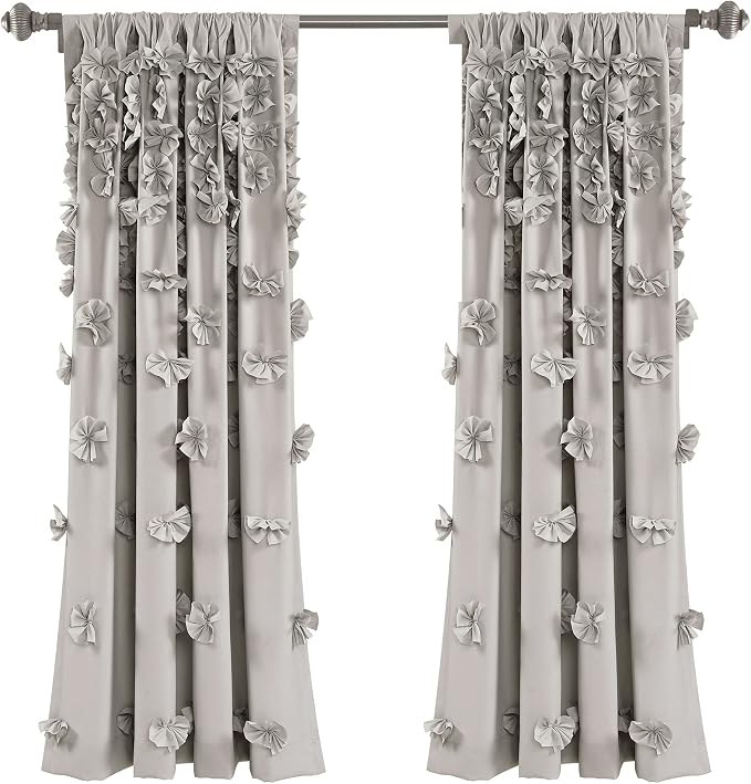 Lush Decor Riley Light Filtering Window Curtain Panel, Single 54" W x 63" L, Light Gray - Cute Gray Curtains for Bedroom - Bow Decor - Coquette Curtains for Windows
