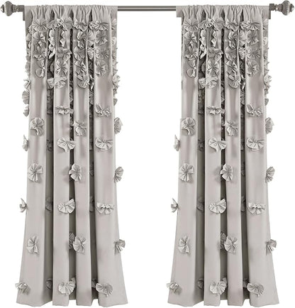 Lush Decor Riley Light Filtering Window Curtain Panel, Single 54" W x 63" L, Light Gray - Cute Gray Curtains for Bedroom - Bow Decor - Coquette Curtains for Windows