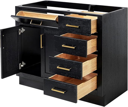 ARIEL Hepburn 42-inch Bathroom Vanity Base Cabinet,Solid Wood, 2 Soft Closing Doors, 5 Dovetail Drawers, Black Oak