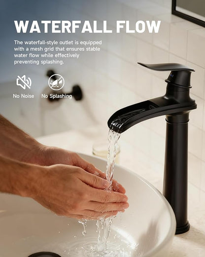 Matte Black Vessel Sink Faucet Brass Waterfall Bathroom Faucet Single Hole | with Pop Up Drain Assembly and Supply Hoses, Single Handle Tall Bathroom Faucets Lavatory Vanity Mixer Tap by BATHLAVISH