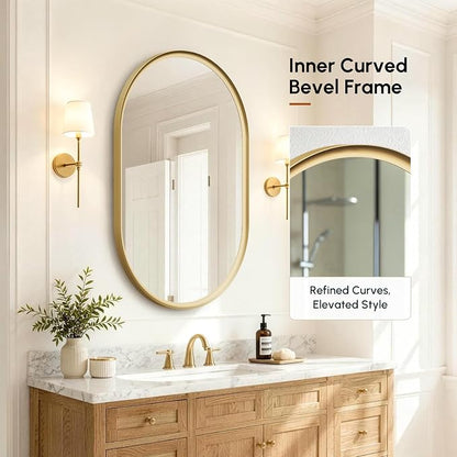 Brushed Gold Pill Oval Mirror for Bathroom 24x36 Inch | Small Vanity Mirror, Crystal-Clear HD Glass, Rust-Proof Aluminum Frame, Inner-Curved Decor for Bedroom, Entryway Renovation