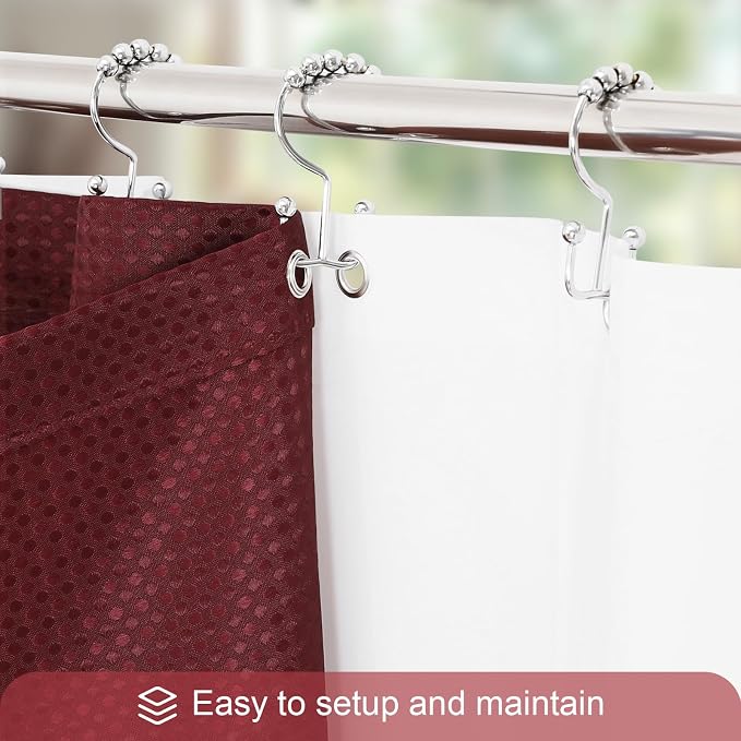 3 in 1 Burgundy Shower Curtain with PEVA Liner, 12 Hooks, 72x72 | Luxury Weighted Fabric Shower Curtain Set, 12 Stainless Steel Double-Sided Hooks, Water Repellent, Bathroom Decor