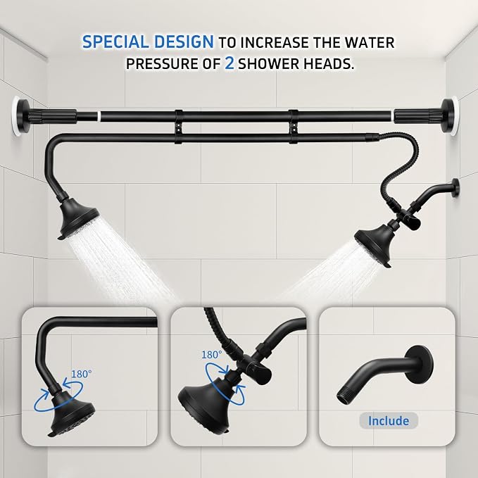 OURBAOFU Tandem Shower Heads, Double Shower Head for Couples | Dual Shower Head System for Two People,High Pressure,Adjustable 360° Rotation,48–78 In for Bathrooms,Gifts for Couples-Black