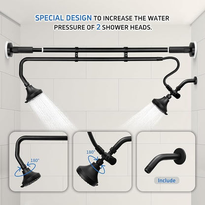OURBAOFU Tandem Shower Heads, Double Shower Head for Couples | Dual Shower Head System for Two People,High Pressure,Adjustable 360° Rotation,48–78 In for Bathrooms,Gifts for Couples-Black
