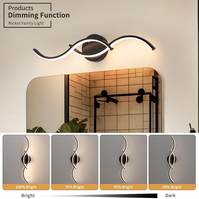 Black Curved Curved 5CCT Bathroom Vanity Light Fixture Over Mirror, 23.62 inch Modern LED Wall Lamp Dimmable Bathroom Light Fixture Modern Wall Sconces