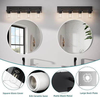 Bathroom Vanity Light, Square Design 4 Lights Morden Bathroom Lighting Fixtures Over Mirror, Black Bathroom Light Vanity Fixtures for Bathroom/Living Room/Bedroom