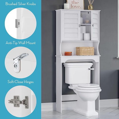 RiverRidge Brookfield Over the Toilet Spacesaver Medicine Cabinet, White | Bathroom Storage, Adjustable Shelves, Plantation-Style Shutter Doors, Rectangular Handles, Linen Storage Cabinet Organizer