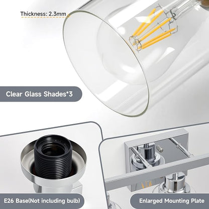3 Light Bathroom Light Fixtures,17" Polished Chrome Vanity Lights | Modern Vanity Lights over Mirror with Clear Glassshades,Farmhouse Bathroom Wall Sconece over Sink,E26 Base