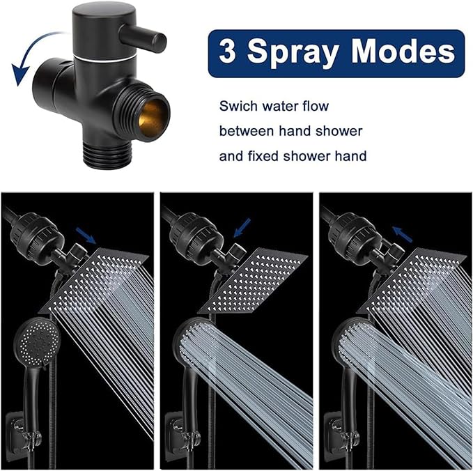 NearMoon Filtered Rain Shower Head, High Pressure 8″Square, and 5 settings Handheld Shower Filter Combo with Self-adhesive Holder/1.5M Hose -1 Replaceable Filter Cartridge (Matte Black)