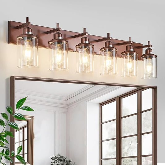 6-Light Bronze Bathroom Light Fixtures Over Mirror,Modern Bathroom Vanity Light with Clear Glass Shade, Wall Sconce for Bathroom Hallway Cabinet Bedroom Kitchen Living Room Foyer E26 Base