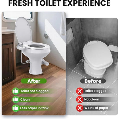 RV Bidet for Camper Toilet, Non-Electric Toilet Sprayer Attachment with Dual Nozzles, Adjustable Pressure, Front/Rear/Self Cleaning, Upgrade for Trailer, Motorhome, Camper, RV Bathroom (Black Base)