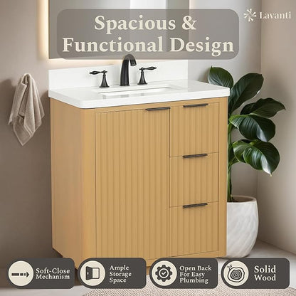 Lavanti Wooderna 30 Inch Bathroom Vanity with Sink – Stylish Firwood Oak Vanity Bathroom with Storage Cabinet – Modern Bathroom Vanities with Single Vanity Sink & Quartz Countertop