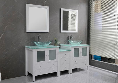 76" Freestanding Wooden Modern Bathroom Vanity with Double Vessel Sink Set Bathroom Mirror Included (Clear Sink White)
