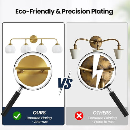 RUIYEY Bathroom Vanity Light Fixtures: 4 Lights Brushed Gold Ribbed Lantern Vanity Lights for Bathroom, E26 60W Hardwired Wall Sconce Lighting with Frosted Milky Glass Over Mirror (Exclude Bulb)