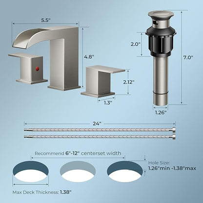 QFN Brushed Nickel Bathroom Faucet 3 Hole, 8 Inch Widespread Square Bathroom Sink Faucet with Metal Pop-up Drain and 24" CUPC Supply Line, Lead-Free 2 Handles for Vanity, Restroom, Lavatory and Mall