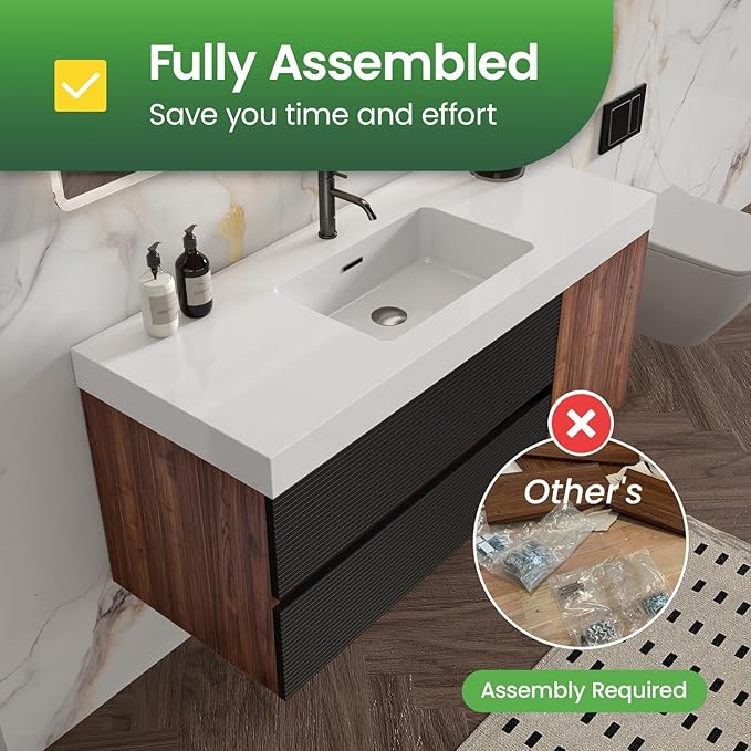 48 Inch Bathroom Vanity with Sink, Floating Bathroom Cabinet with 2 Soft-Closing Drawers & 1 Door, Large Storage for Apartment, Hotel, Walnut+Black, White Sink(Already Assembled)