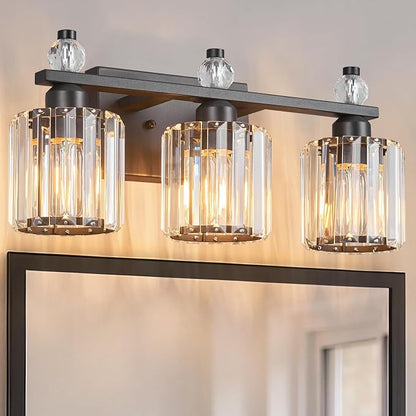 Bathroom Vanity Lights 3-Light Sand Black Modern Crystal Vanity Light Fixtures Over Mirror Crystal Bathroom Vanity Lighting Fixtures