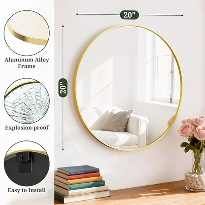 Round Wall Mirror 20 Inch Gold Vanity Mirror with Metal Frame | Modern Circle Wall Mounted Decorative Mirrors for Bathroom, Entryway, Bedroom, Living Room