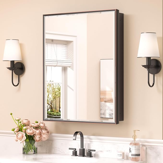Keonjinn 24" x 30" Bathroom Medicine Cabinet with Mirror, Oil Rubbed Bronze | Fully Assembled, Adjustable Shelves, Aluminum Frame, Rust-resistant, Recessed or Wall-Mounted Medicine Cabinet, Waterproof