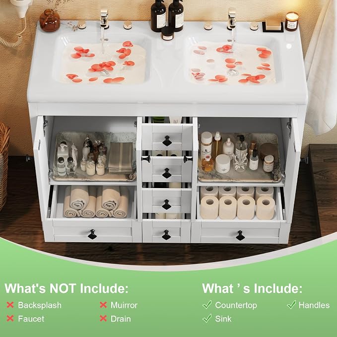 48" Bathroom Vanity with Double Sink, 47.3" W x 19.7" D x 35.4" H Modern Double Bathroom Vanity Cabinet with 2 Doors & 6 Drawers, Solid Wood Frame White Vanity Set with Ceramic Sinks