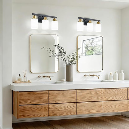 3-Light Vanity Lights,Black and Gold Bathroom Light Fixtures,17" | Modern Black Vanity Lights with White Frosted Glass Shade,Bathroom Lighting Fixtures over Mirror Wall Lamp Sconces