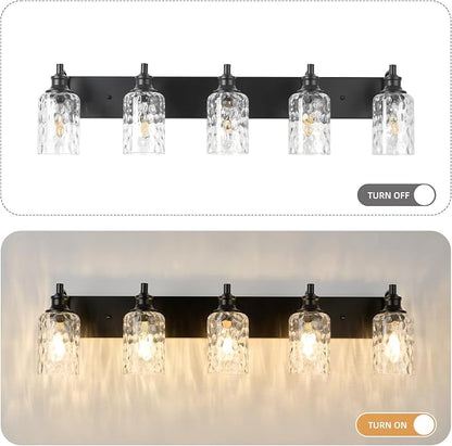 Bathroom Light Fixtures Over Mirror, 5 Lights Vanity Lights with Hammered Glass Shade, 37" Matte Black Farmhouse Bathroom Light Fixtures for Bedroom, Porch, Hotel, Mirror Cabinet