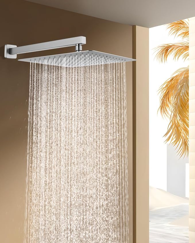 All Metal Rainfall Shower Head with Extension Arm Brushed Nickel, 12" Large Rain Square Showerhead with 16" Shower Arm All Stainless Steel, 144 Silicone Nozzles Waterfall Full Body Coverage