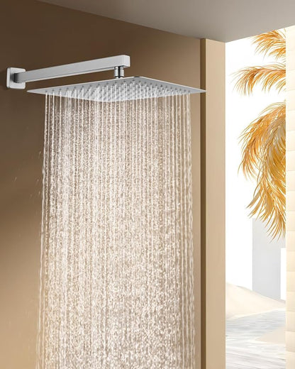 All Metal Rainfall Shower Head with Extension Arm Brushed Nickel, 12" Large Rain Square Showerhead with 16" Shower Arm All Stainless Steel, 144 Silicone Nozzles Waterfall Full Body Coverage