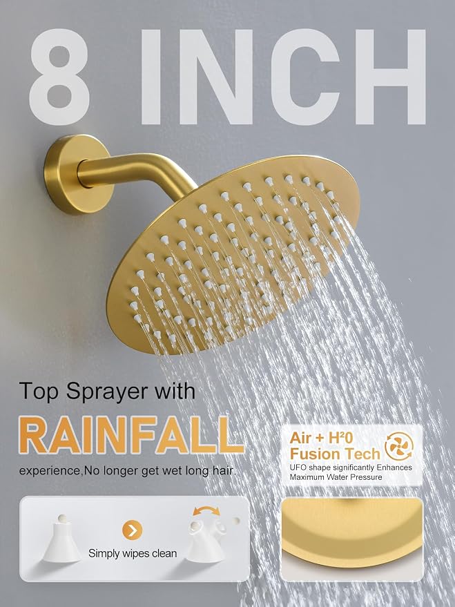 Woindo Shower Faucet Set with Slide Bar, 12" Rain Shower Head/8'' Side Shower Head and 10 Setting Handheld Ceiling Mount 3 Push Button Diverter Complete Rainfall Shower System Included Valve Trim Kit