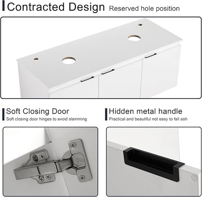 48 Inch Bathroom Vanity with Sink, 48" Floating Bathroom Vanity with Double Vessel Sinks, Modern Wall Mounted Cabinet Set, White Storage Cabinet with 3 Soft Close Doors and 2 Black Ceramic Basin Sinks