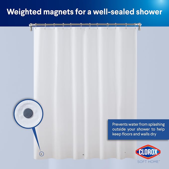 Clorox Shower Curtain Liner, Premium Medium-Weight Flexible Waterproof 6g PEVA for Bathroom with Weighted Magnets, Standard Size 72" x 72", White 1 Pack